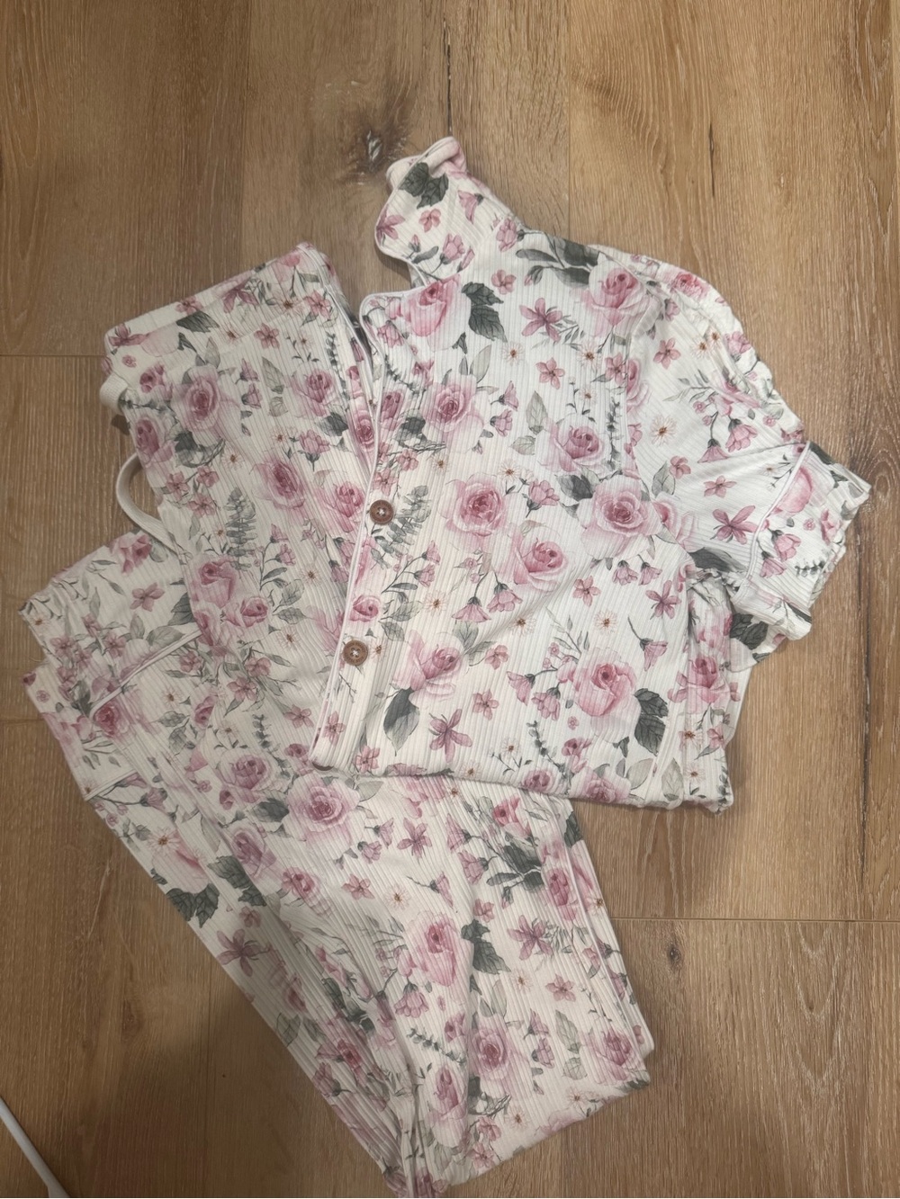 Posh Peanut White Floral Ribbed Two-Piece Set with Pink Roses